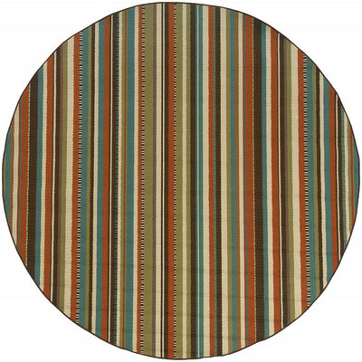 8’ Round Green and Brown Striped Indoor Outdoor Area Rug