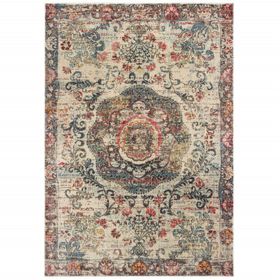 8’x11’ Ivory Distressed Medallion Area Rug