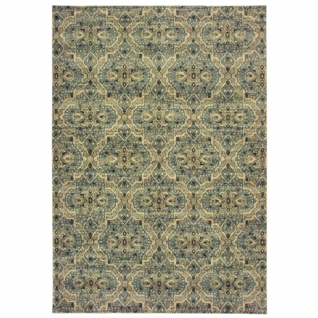 8’x11’ Ivory and Blue Geometric Area Rug