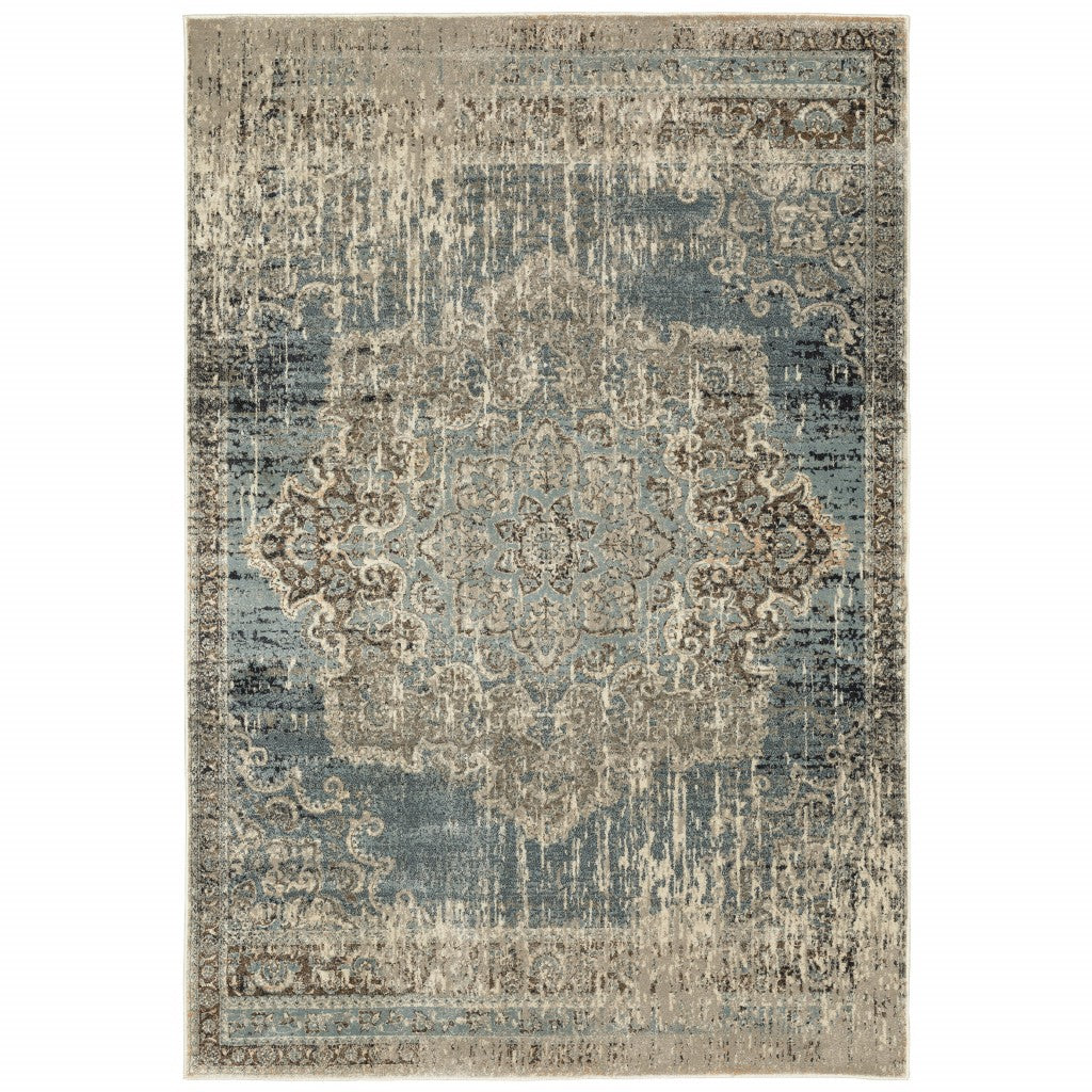 10’x13’ Blue and Ivory Medallion Area Rug