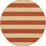 8’ Round Orange and Ivory Striped Indoor Outdoor Area Rug