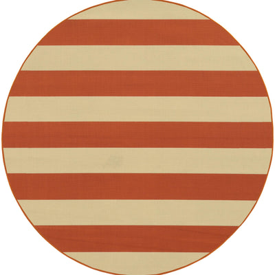 8’ Round Orange and Ivory Striped Indoor Outdoor Area Rug