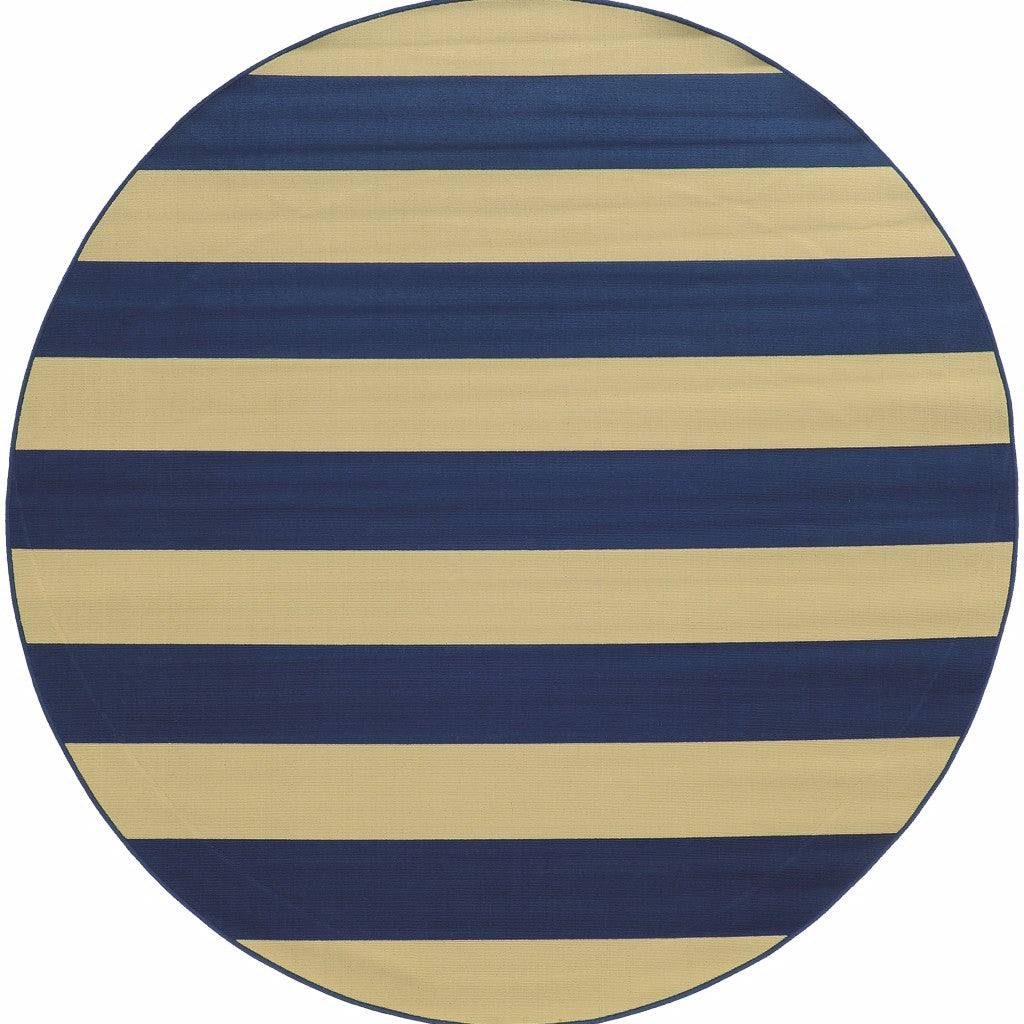 8’ Round Blue and Ivory Striped Indoor Outdoor Area Rug
