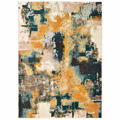 10’x13’ Blue and Gold Abstract Strokes Area Rug