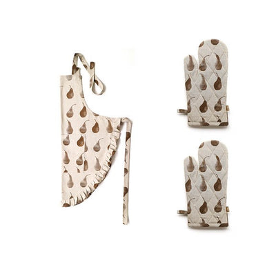 Set of Light Brown Pear Patterned Apron with Oven Gloves