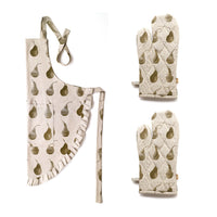 Set of Olive Green Pear Patterned Apron with Oven Gloves