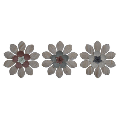 Set of Three Wood and Metal Flower Wall Décor