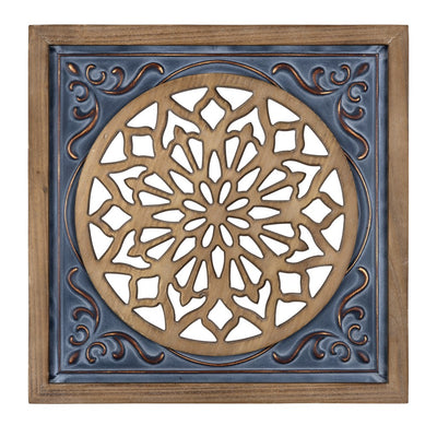 Blue Ethnic Wood and Metal Square Wall Plaque