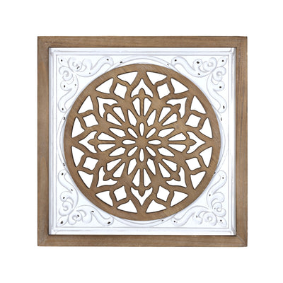 White Ethnic Wood and Metal Square Wall Plaque