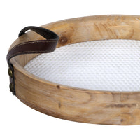 Round Wooden Tray with Leather Handles