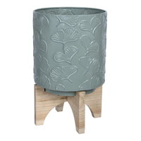 Leaf Pattern Green Planter with Wooden Base