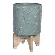 Leaf Pattern Green Planter with Wooden Base