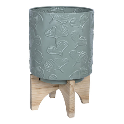 Leaf Pattern Green Planter with Wooden Base