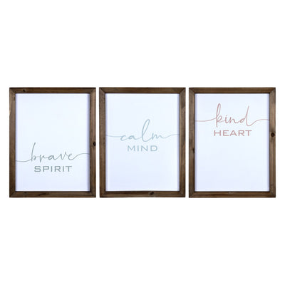 Set of 3 Wooden Brave Calm Kind Wall Frame Décor