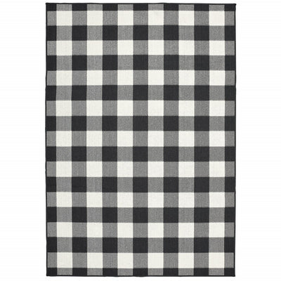 8’x11’ Black and Ivory Gingham Indoor Outdoor Area Rug