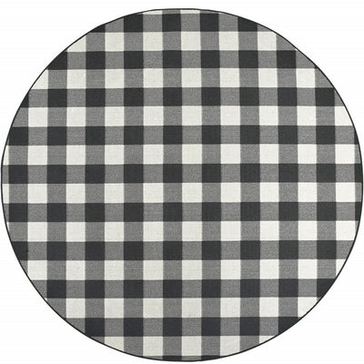 8’ Round Black and Ivory Gingham Indoor Outdoor Area Rug