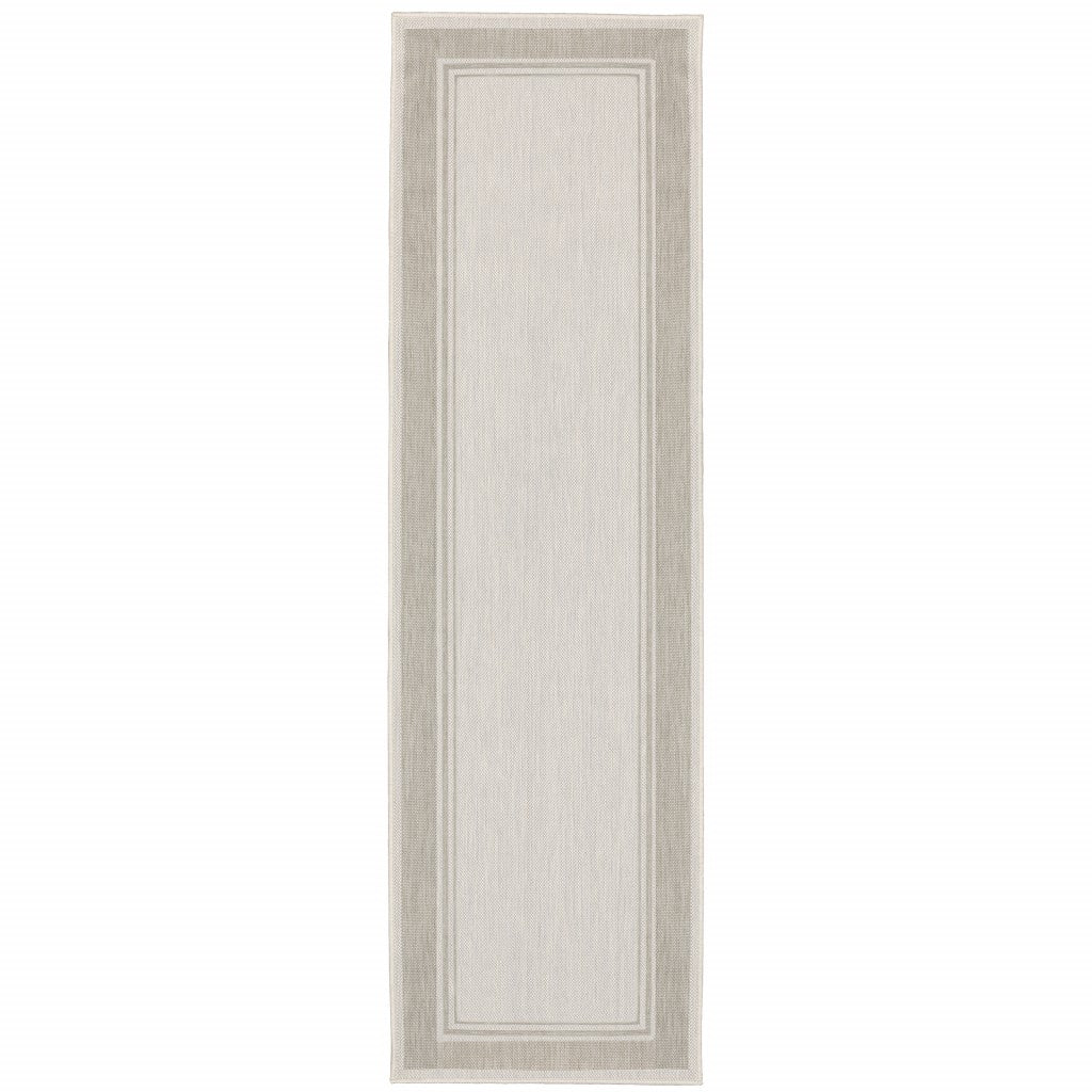 2’x7’ Ivory and Gray Bordered Indoor Outdoor Runner Rug