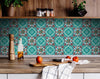 5" x 5" Turq and Terra Cotta Scroll Peel and Stick Removable Tiles