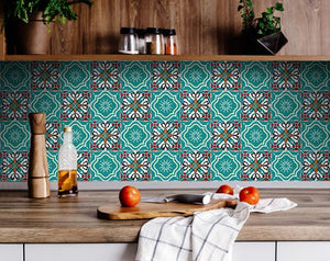 5" x 5" Turq and Terra Cotta Scroll Peel and Stick Removable Tiles