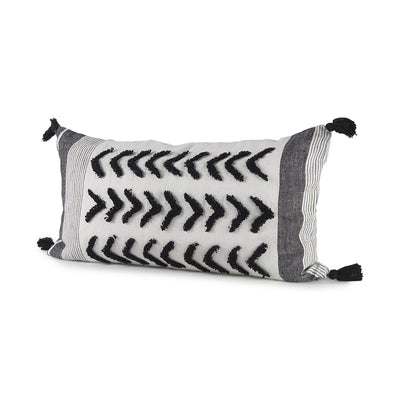 White and Gray Fringed Lumbar Pillow Cover