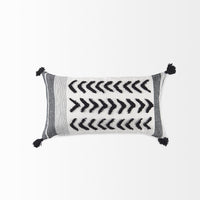 White and Gray Fringed Lumbar Pillow Cover