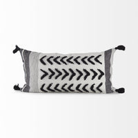 White and Gray Fringed Lumbar Pillow Cover