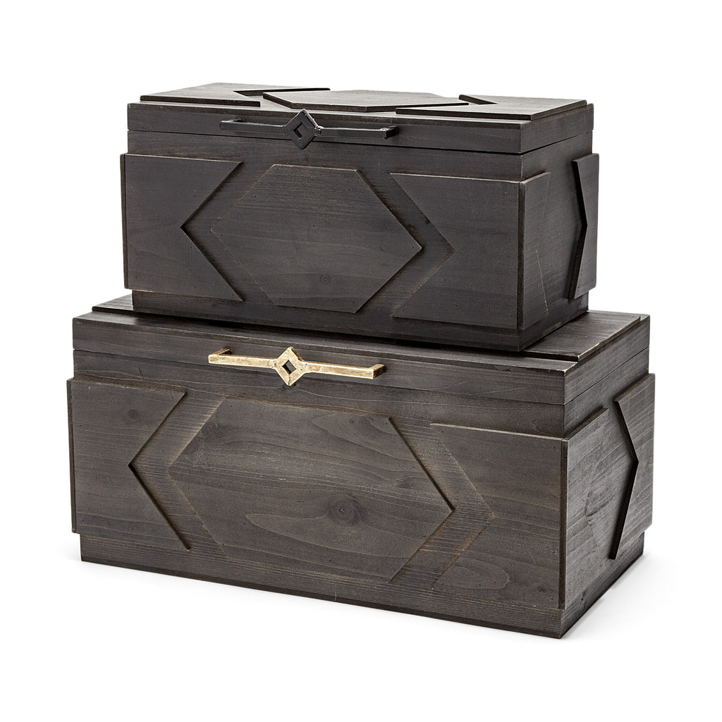 Set of Two Brown Detailed Wooden Boxes