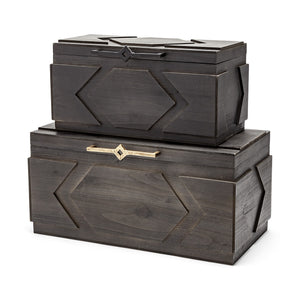 Set of Two Brown Detailed Wooden Boxes