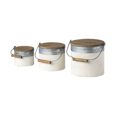 Set of Three Rustic White Metal Storage Cans