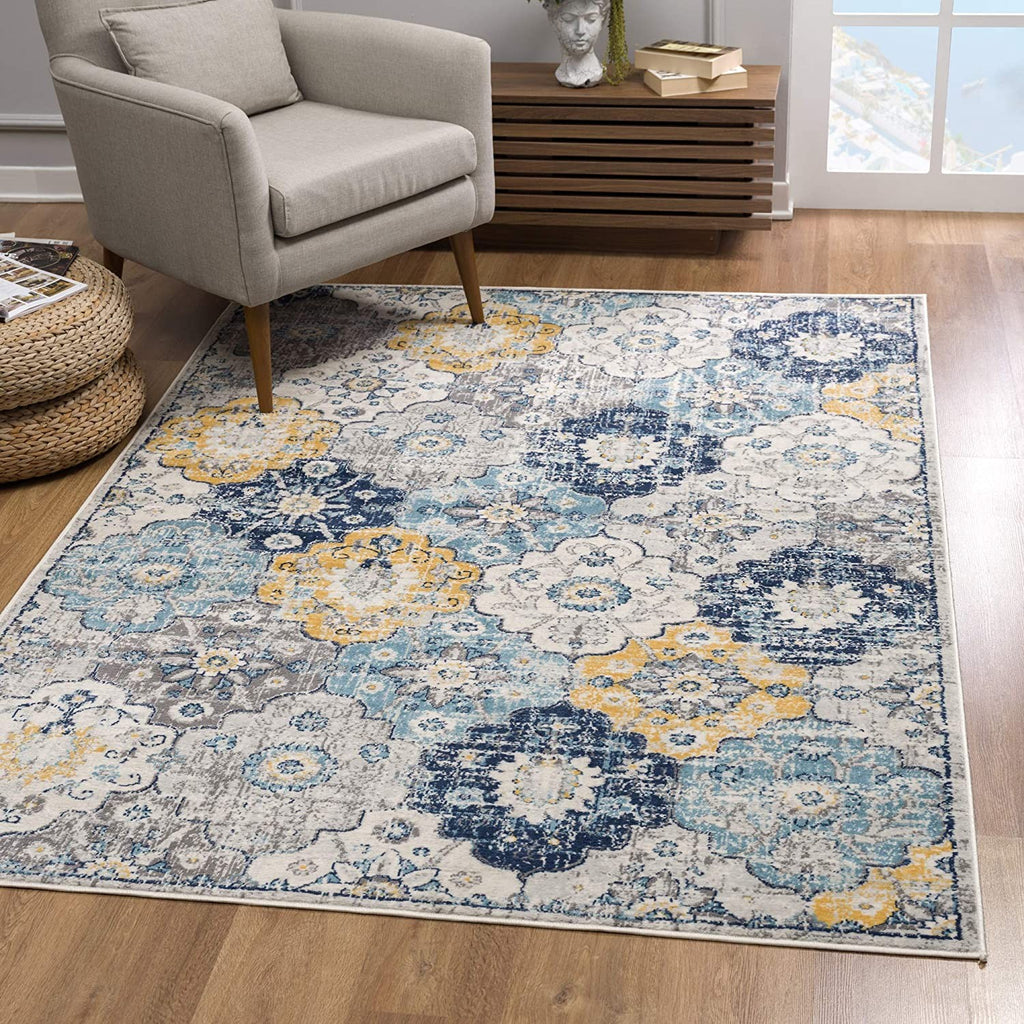 2’ x 4’ Blue Distressed Floral Area Rug