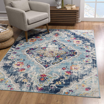 7’ x 10’ Blue Distressed Medallion Area Rug