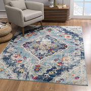 8’ x 11’ Blue Distressed Medallion Area Rug