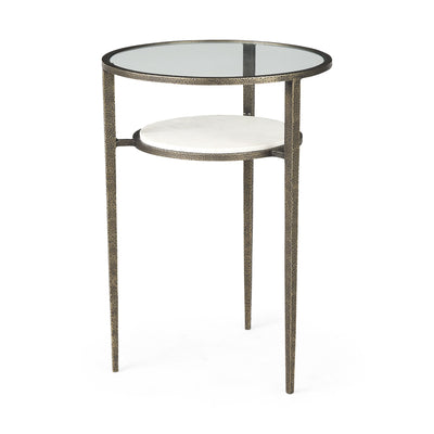 Updated Rustic Glass And Marble Antiqued Gold End Table