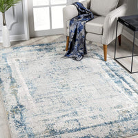 4’ x 6’ Ivory and Blue Abstract Distressed Area Rug