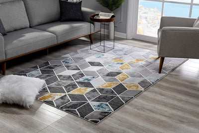 5’ x 8’ Gray and Gold Cubic Block Area Rug