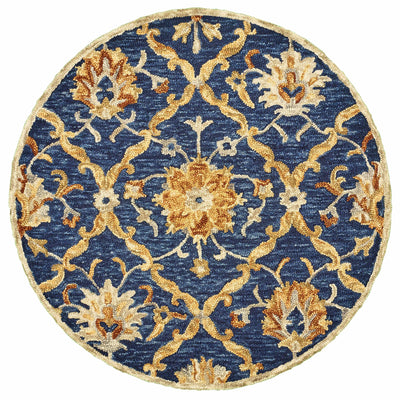 6’ Round Navy and Gold Ornate Lattice Area Rug