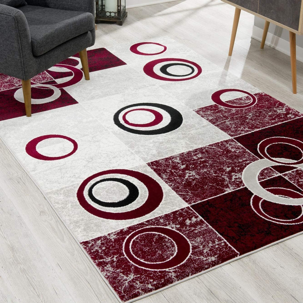 7’ x 9’ Red and White Inverse Circles Area Rug