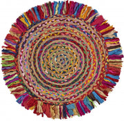 Multicolored Chindi and Natural Jute Fringed Round Rug