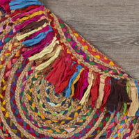 Multicolored Chindi and Natural Jute Fringed Round Rug