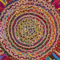 Multicolored Chindi and Natural Jute Fringed Round Rug