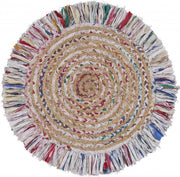 Bleached Multicolored Chindi and Natural Jute Fringed Round Rug