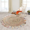 Bleached Multicolored Chindi and Natural Jute Fringed Round Rug