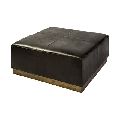 Black Leather Ottoman with Metal Base