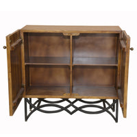 Natural Wood and Black Iron Scroll Double Door Cabinet