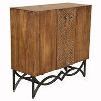 Natural Wood and Black Iron Scroll Double Door Cabinet