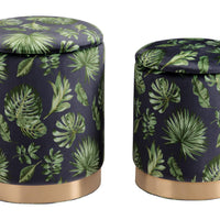 Set of Two Palm Leaf and Rose Gold Storage Ottomans