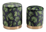 Set of Two Palm Leaf and Rose Gold Storage Ottomans
