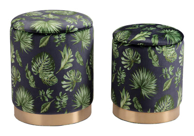 Set of Two Palm Leaf and Rose Gold Storage Ottomans