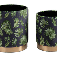 Set of Two Palm Leaf and Rose Gold Storage Ottomans
