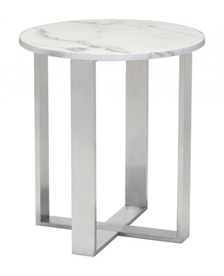 Designer's Choice White Faux Marble and Steel End Table